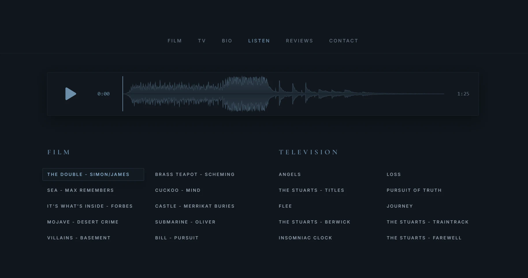 Composer portfolio listen page with waveform player and film and television music selections