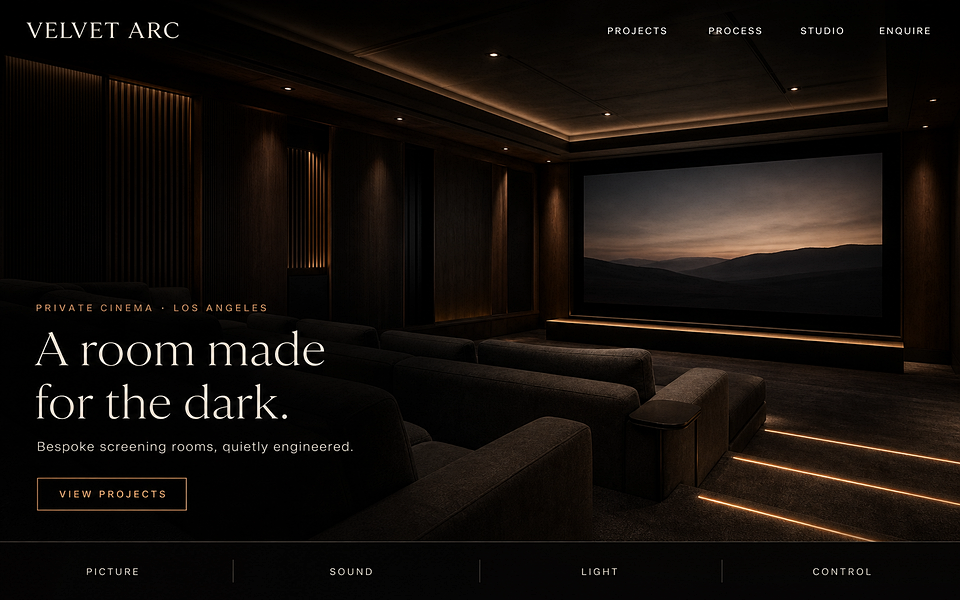 Velvet Arc fictional home cinema website concept with a warm walnut screening room