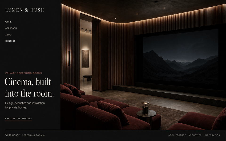 Lumen and Hush fictional home cinema website concept with a dark mountain scene on the cinema screen