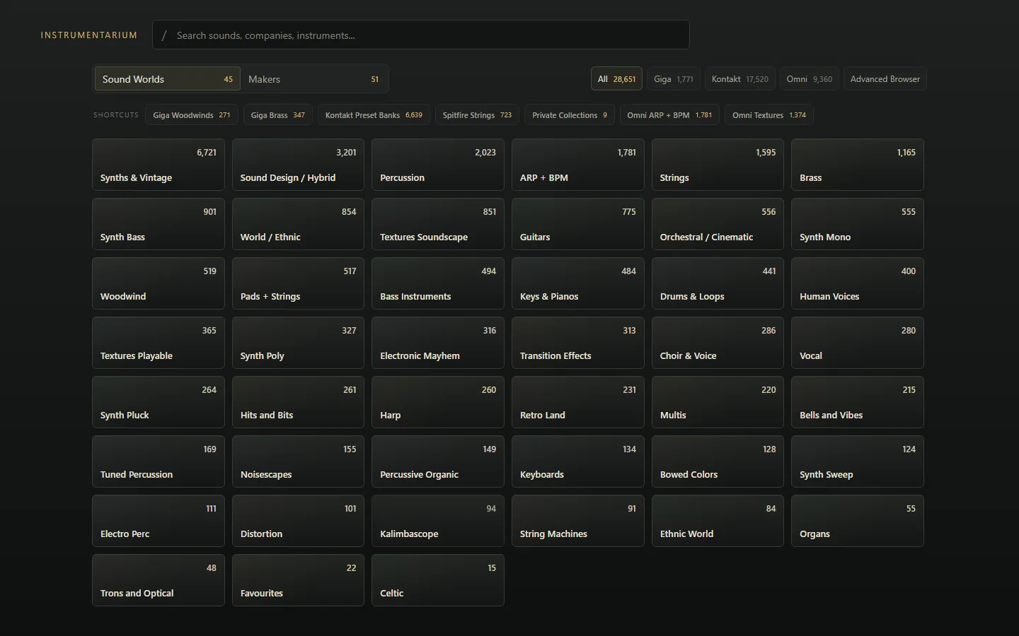 Instrumentarium searchable sample library catalogue interface