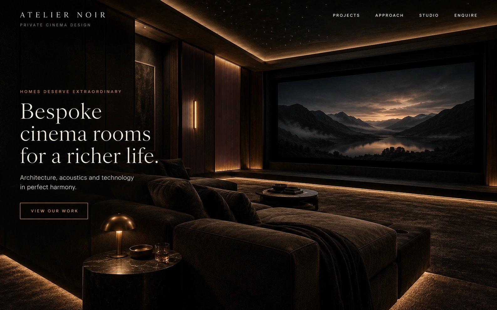Atelier Noir website with a dark home cinema design