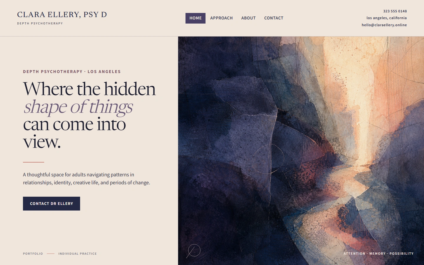 Clara Ellery depth psychotherapy website with an abstract image in muted navy, violet, and warm blush tones
