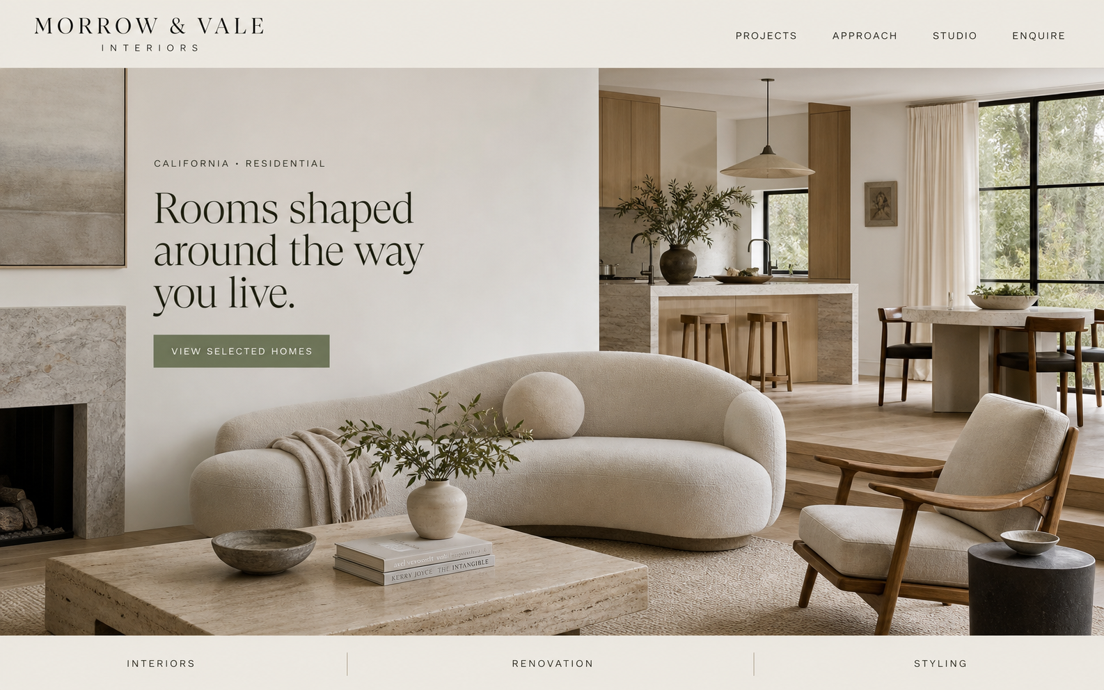 Morrow and Vale fictional interior design studio website with a softly layered cream residential interior