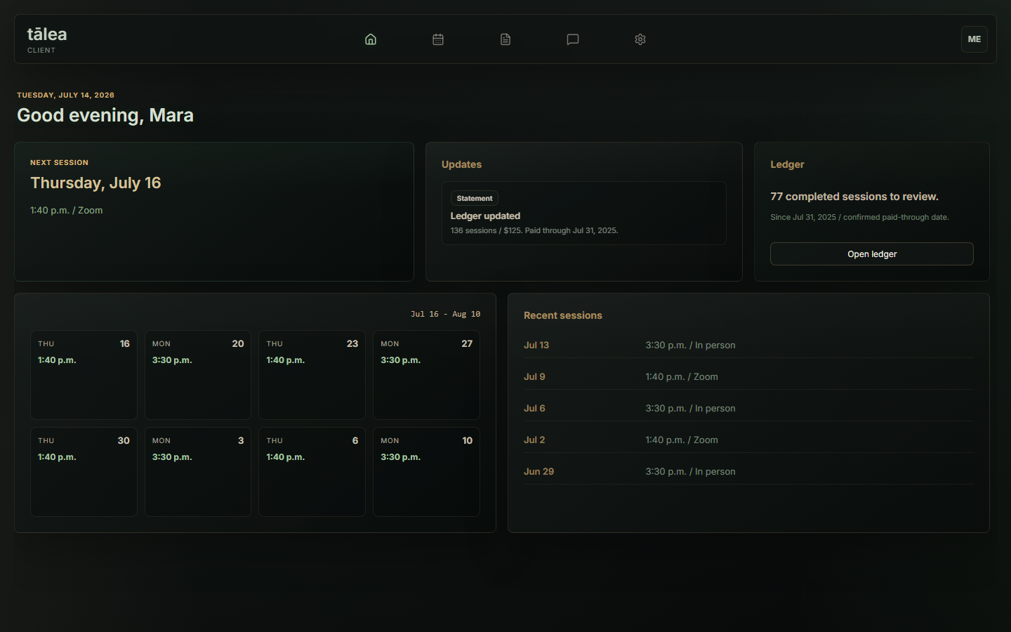 Talea calm scheduling and account administration interface